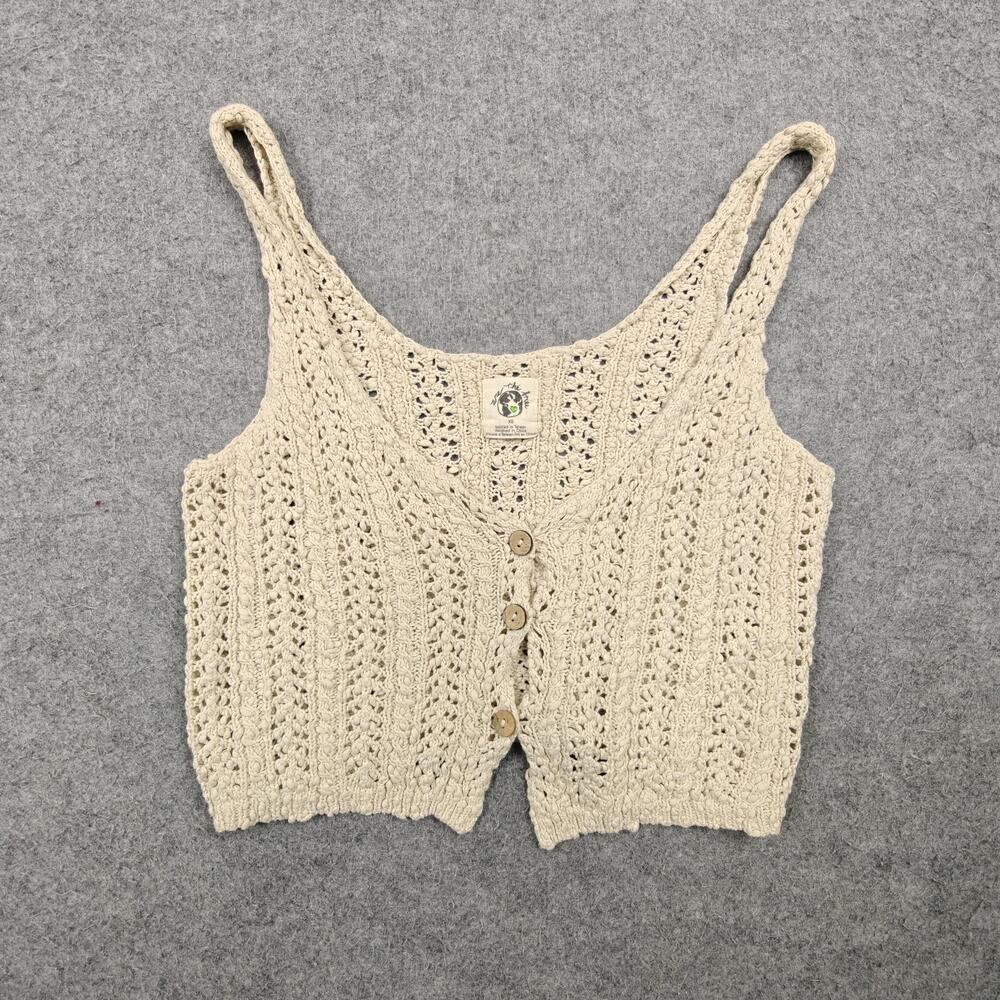 We The Free Tank Womens XS White Cropped Crochet Button Cotton Knit Summer